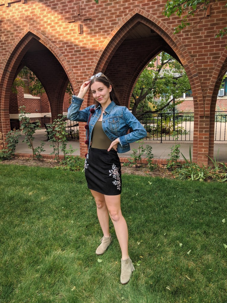 \"jean-jacket-black-suede-skirt-fall-style-college-style\"